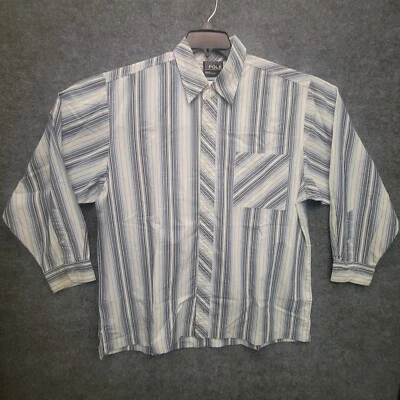 Camisa masculina vintage SoutPole com botões L listrada azul branca manga longa - Imagem 1 de 4