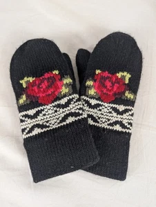 Thinsulate 40 Gram Black Knit Mittens Red Rose Floral Embroidered Cross Stitch - Picture 1 of 4