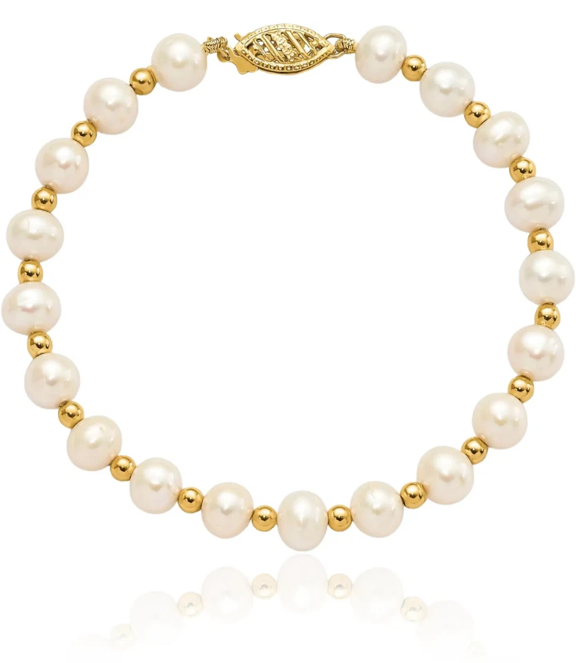 14K Solid Yellow Gold 6mm White Round Freshwater Cultured Pearl Ball Chain ... - Image 1 of 4