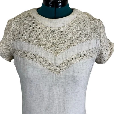 Vestido recto de mezcla de lino crema de los años 60 con yugo de ganchillo - Mr. Jack Dallas - Talla 16 Foto 1 de 4