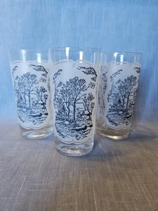 Set Of 3 Currier & Ives Frosted Tumbler Glasses With Blue Covered Bridge Scene - Bild 1 von 6