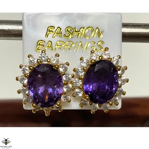 Earrings Amethyst stud gold plated with cubic zirconia halo elegant gift jewelry - Picture 1 of 6