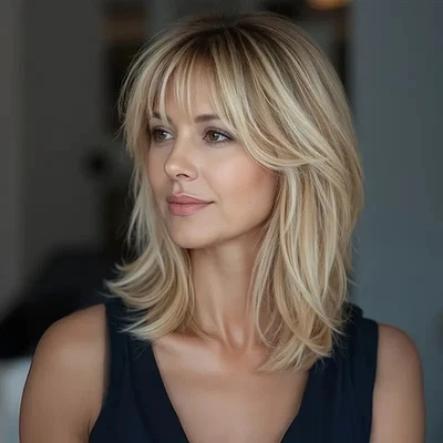 Balayage Light Golden Blonde Mix Wigs with Bangs 100% Human Hair Lace Front Wig - Image 1 of 4