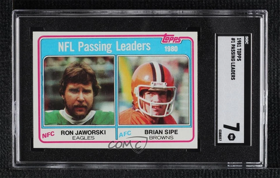 1981 Topps Passing Leaders Brian Sipe Ron Jaworski #1 SGC 7 - Image 1 of 2