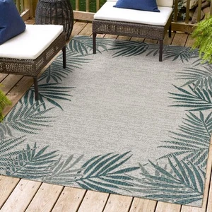 JONATHAN Y Isla Coastal Cottage Palm Frond Border Blue/Cream 8 ft. x 10 ft. Area - Picture 1 of 12