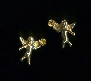 New 10K 15mm Solid Yellow Gold Orange Citrine Gemstone Cherub Angel Earrings mb - Picture 1 of 2