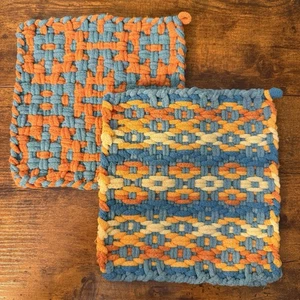 2 Cottage Kitchen Handmade Potholders Cotton Loom Hot Pad Trivet Boho Retro 8x8 - Picture 1 of 6
