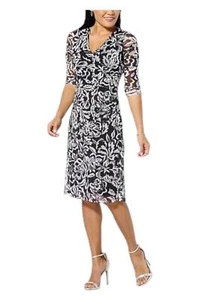IMAN Global Chic Printed Mesh Dress w/ Front Seam Ruching Black/White - Picture 1 of 1