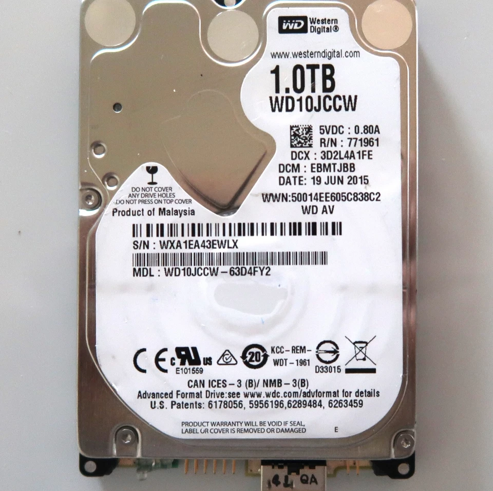 Western Digital WD10JCCW-63D4FY2 (WXA1) EBMTJBB Malaysia 1TB USB 19JUN2015 - Image 1 of 1