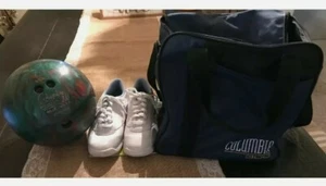 Columbia 300 White Dot Rose Green Blue 10.5 lbs Bowling Ball w/bag & White Shoes - Picture 1 of 9