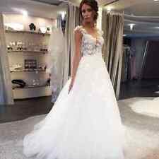 Ivory/White A-line Wedding Dresses V-neck Lace Applique Tulle Bridal Gowns Train