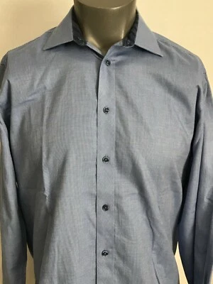 Camisa de Algodón Jhane Barnes Para Hombres Grande CALCE CEÑIDO Azul Micro Cuadros Mangas Largas Usada en Excelente Condición Foto 1 de 4