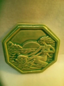 Mermaid Riding a Dolphin Coaster Stoneware Handmade Hexagon Vintage - Picture 1 of 5