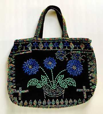 Cartera de Pana Negra Vintage Boho con Cuentas Flores BRILLANTES Mariposas Doble Cara Foto 1 de 4