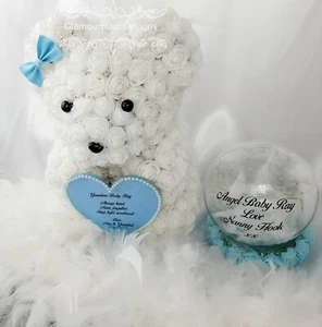 Personalised Memorial Baby Boy Funeral Grave Rose Bear & LED Globe + Own Message - Picture 1 of 15