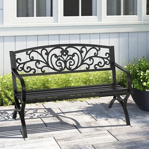 Outdoor Patio Park Garden Bench Porch Path Chair Cast Iron Sturdy Steel Seat - Picture 1 of 8