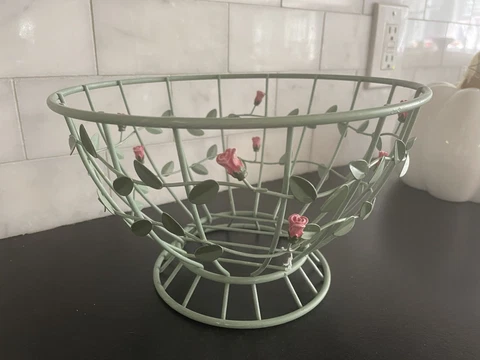Wire Fruit Bowl Basket  Green Vines Pink Roses Cottage Decor Cover