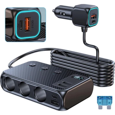 3 Way Car Cigarette Lighter Socket Splitter USB C Fast Charger Power Adapter QC - Image 1 of 4