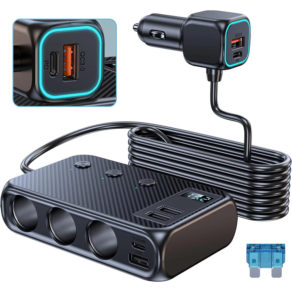 3 Way Car Cigarette Lighter Socket Splitter USB C Fast Charger Power Adapter QC - Image 1 of 4