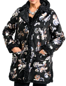Reversible Black Faux Shearling with Metallic Color Floral Design - Picture 1 of 6