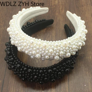 White Black Pearl Headdress Luxury Baroque Rhinestone Headband Hair Accessories - Picture 1 of 46