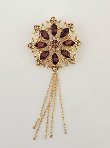 New Golden Brown Round Flower Good Fortune Crystal Fringed Brooch Pin BR1400