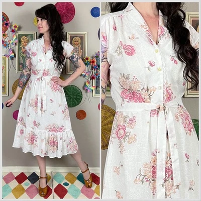 Vintage 1970s Romantic Floral Print Short Sleeve Cotton Midi Dress | 30" Waist - Image 1 of 4