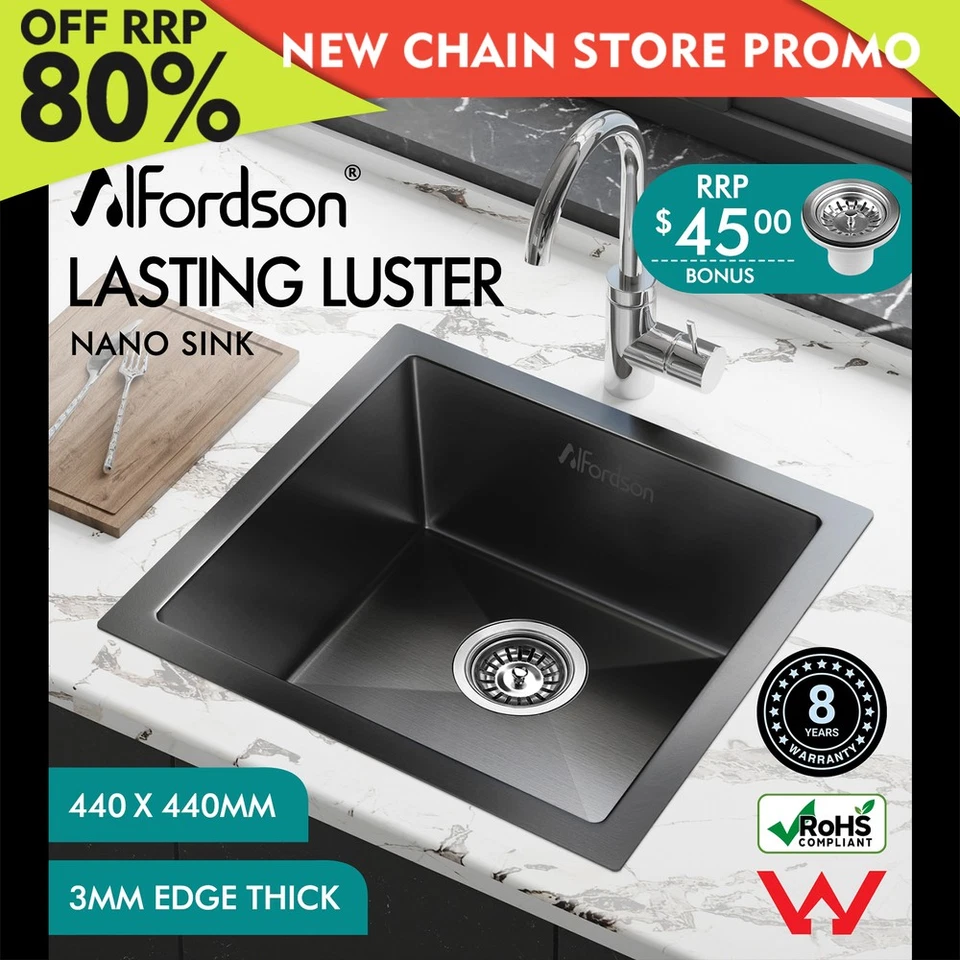 ALFORDSON Kitchen Sink Stainless Steel Drop in Flush Under Mount 440X440MM Black