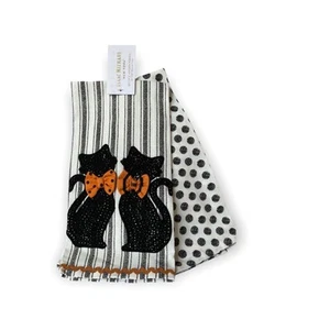 Set asciugamani cucina Isaac Mizrahi Halloween gatti neri gattini e fiocchi righe nuovi con etichette - Foto 1 di 2