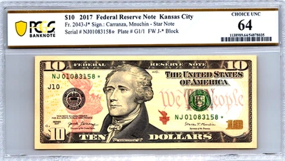 2017 $10 Federal Reserve Note  "STAR " Kansas City Fr. 2043-J* ONLY 1 IN CENSUS - Image 1 of 3