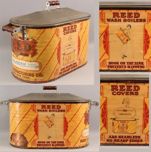 Antique Laundry Room REED Advertising Label Wash Basin Covered Copper Boiler Tub - Picture 1 of 12