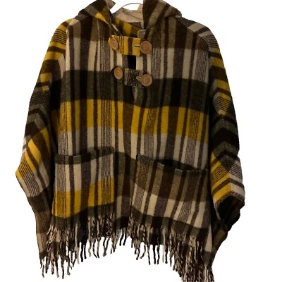 Винтажный женщин шерсти клетку бахрома плащ пончо с капюшоном карман Cabincore богемное - Изображение 1 из 4
