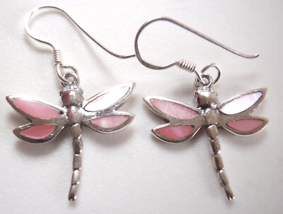 Pink Mother of Pearl Dragonfly 925 Sterling Silver Dangle Earrings - Image 1 of 3