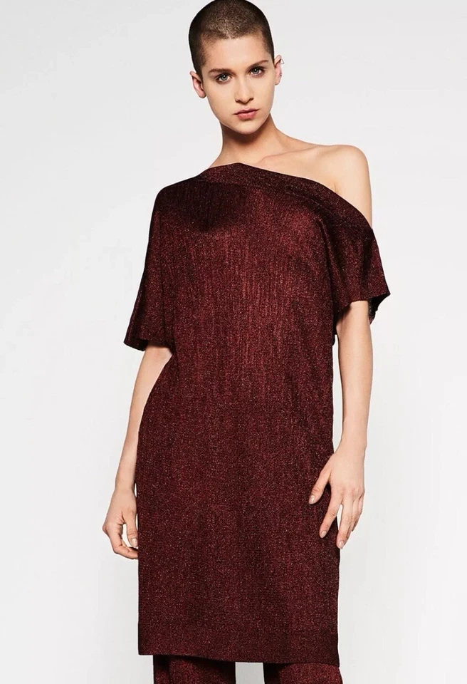 ZARA Sac Dress SHIMMERY LAMÉ Burgundy Knit ASYMMETRICAL S Dress 3090/007