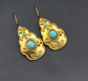 Turkish Belly Dance style Goldtone & Faux Turquoise teardrop earrings - Picture 1 of 5
