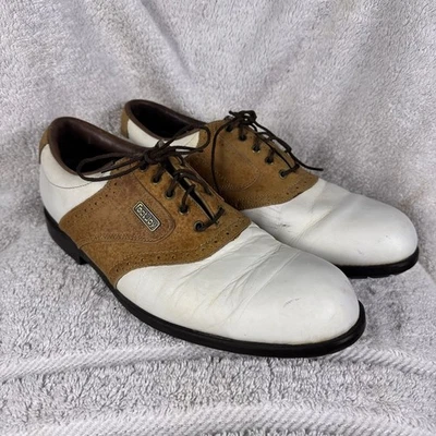 FootJoy DryJoys 男式高尔夫鞋白色/棕色皮革马鞍尺寸 10.5 N — 第 1/4 张图片