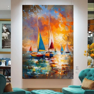 Leinwandbild Segelboote Sonnenuntergang Meer Bunt Wandbild Wohnzimmer Deko 4911 - Bild 1 von 4