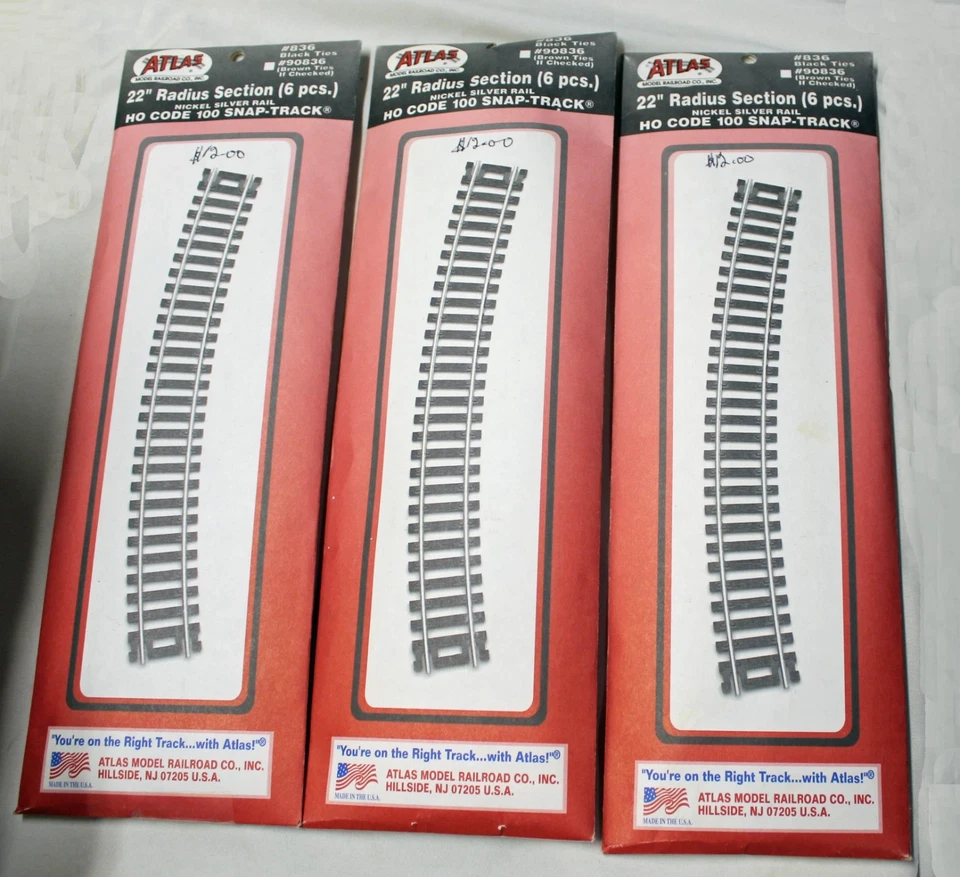 2 EACH -  ATLAS 6 PKS  HO SCALE 100 SNAP TRACK 22" RAD.  836 NI-SIL RAILS -NOS - Image 1 of 2