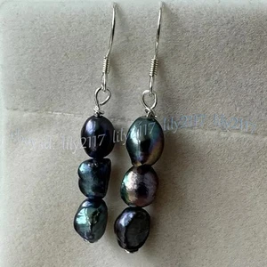 Real Natural Freshwater Baroque Tahitian Black Pearl Dangle Silver Hook Earrings - Picture 1 of 13