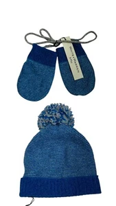 White + Warren Juniper Blue Stripe Pom Pom Cashmere Baby Hat & Mittens - Picture 1 of 5