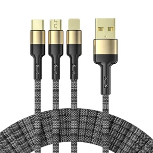 3 in 1 iPhone Charger Cable USB C Type C Micro USB Fast Charging 5A Braided Gold - Picture 1 of 6