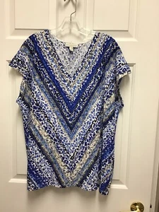 WOMENS DANA BUCHMAN CAP SLEEVE TOP BLUE WHITE & TAN WITH LINING SIZE XL NWOT NEW - Picture 1 of 6