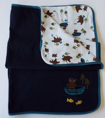 Gymboree Baby Boy Blanket Bears Fishing Fish Cream Navy Blue 2013 - Image 1 of 4