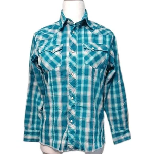 Wrangler Jungen Hemd Gr. L kariert türkis, weiß Perlen Druckknopf Cowboy Rodeo Rancher - Bild 1 von 9