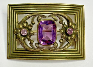 Victorian Flower Purple Crystals Brooch Gold Tone Rectangle Pin 2"x1 1/4" - Picture 1 of 10