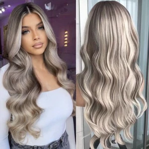 Parrucche sintetiche frontali Body Wave Highlight Cenere Biondo Cenere Pizzo Pre Spuffate Lunghe Ondulate - Foto 1 di 34