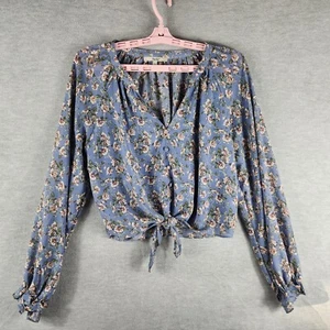 Papaya Woman Top L Blue Floral Cropped Tie Front Blouse Matching Buttons EUC - Picture 1 of 16