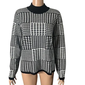 Joseph A Sweater Womens Large Houndstooth Mock Neck Pullover Black White Classic - Picture 1 of 9