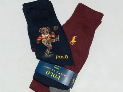 POLO RALPH LAUREN Para hombres Rugby Fútbol Polo Oso Algodón Calcetines AZUL MARINO Vino 2 PARES Foto 1 de 4