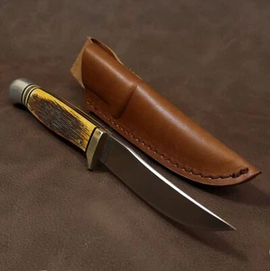 Kissing Crane Small Real Amber Bone Premium Hunter Bowie Knife w/Leather Sheath - Picture 1 of 6